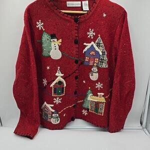 Victoria Jones Cardigan Sweater L Red Holiday Ugly‎ Christmas VTG Snowman